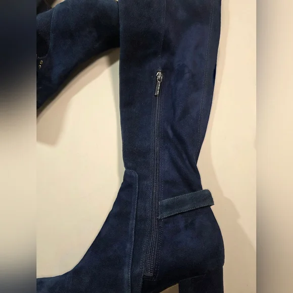 Karl Lagerfeld Navy Suede  Stretch Knee Boots 7.5M Block Heel - Picture 14 of 15
